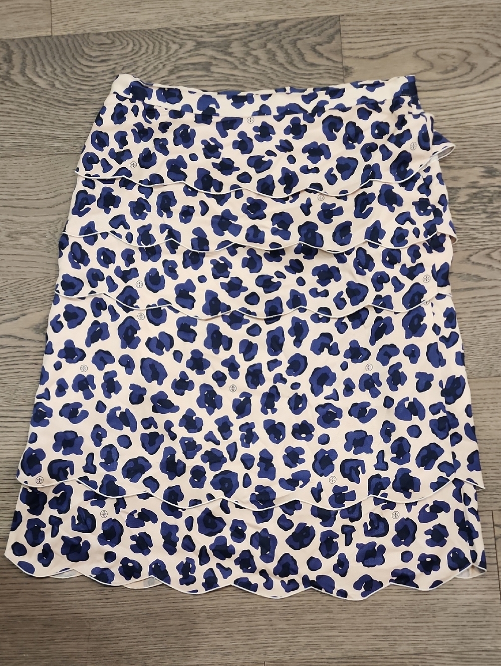 Auth Tory Burch Blue and Cream Leopard Tiered A-Line Skirt, Small No Tags